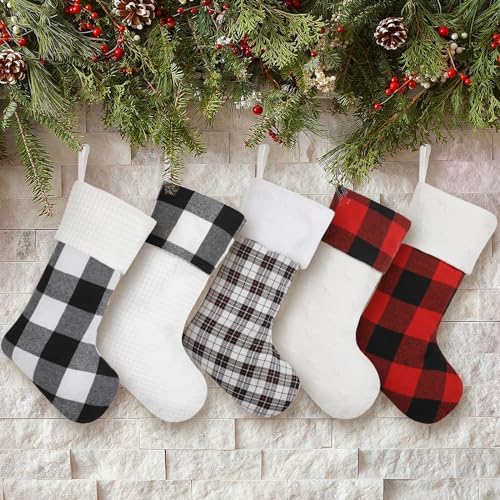 Buffalo Plaid Christmas Stockings Set 5, Large Traditional Red and Black Xmas Stockings, Unique Christmas Stocking for Mantel Fireplace Hanging Decor Holiday Christmas Decorations Indoor 20 inch - Image 6