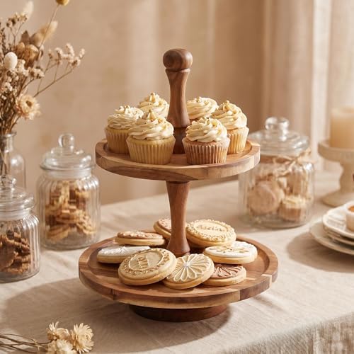 Acacia Wood 2 Tiered Serving Tray Display Stand - Image 4
