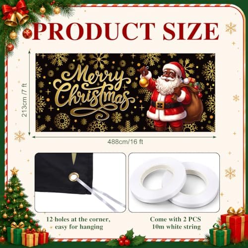 7 x 16 ft Black Santa Christmas Garage Door Cover Santa Claus Hanging Decor - Image 2