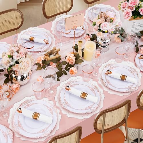 4 Sets Ribbon Twirl Cotton Linen Placemats, 15 inch Embroidery Round Cloth Table Mats with Pink Scalloped Edge Washable Fabric Place Mats Flower Shape for Wedding Baby Shower Party Table Decor - Image 6