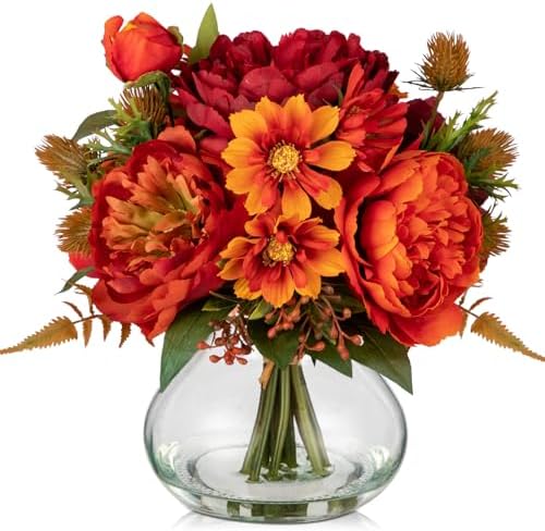 Fake Peony Flowers in Vase Fall Table Centerpiece Faux Floral Arrangement in Vase Autumn Artificial Flowres for Tables Orange Silk Flowers Arrangement by DILATATA