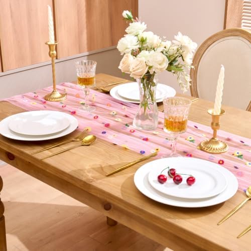 Pink Floral Table Runner Embroidery Daisy Spring Seasonal Table Linens - Image 3