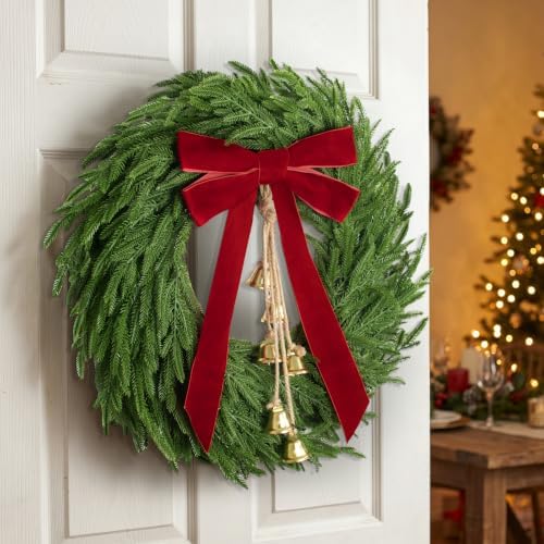Christmas Decor, 24" Norfolk Pine Christmas Wreath with Velvet Bow & Bells - Image 4