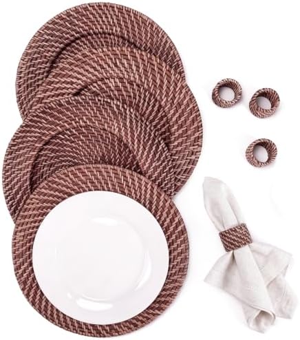 Set of 4 Rattan Charger Plates with Napkin Rings, Dark Brown by Gandeer