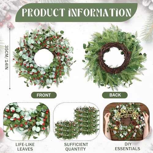 Zeyune 4 Pcs 14" Christmas DIY Green Wreath Artificial Wreath, Chic Style - Image 2