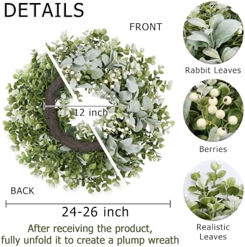 26 Inch Large Lambs Ear Wreaths for Front Door Spring Summer Lambs Leaves with White Berries, Artificial Greenery for Farmhouse Porch Wall Living Room Home Wedding Decor for All Seasons Wreaths - Image 6