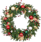 24 Inch Lighted Christmas Wreath with 30 Warm White LEDs and Timer, Battery Operated Pre-Lit Artificial Wreath with Christmas Ornaments and Gold Mesh Leaves for Front Door and Mantel by Arborvigro