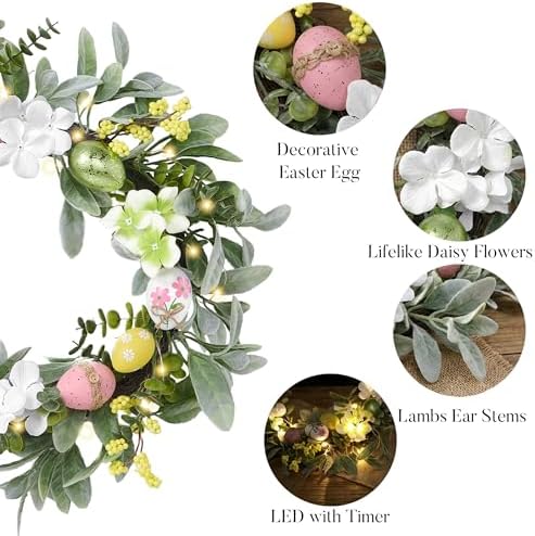 Valery Madelyn 18'' Lighted Easter Wreaths for Front Door, Pre-lit Spring Door Wreath with Pastel Eggs, Daisy Flowers & Silk Lambs Ear Leaves, Artificial Farmhouse Indoor Outdoor Wall Window Decor - Image 5