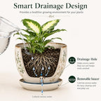 Retro Ceramic Garden Pots, 5.8 Inch Plant Pots with Drainage and Attached Saucer Set of 4, Chinoiserie Floral Large Flower Pots for Home Decor, Plant Lover Gifts, White Green - Image 3