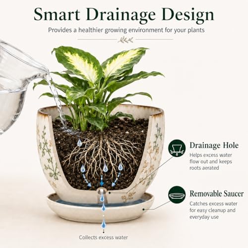 Retro Ceramic Garden Pots, 5.8 Inch Plant Pots with Drainage and Attached Saucer Set of 4, Chinoiserie Floral Large Flower Pots for Home Decor, Plant Lover Gifts, White Green - Image 3