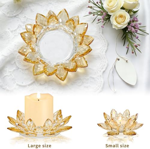 Large Crystal Lotus Tealight Candle Holder for Up to 6" Diameter Pillar Candle Plate Candlestick,Chunky Glass Votive Stand for Wedding, Party, Table Centerpiece Decor and Yoga Meditation (2, Gold) - Image 7