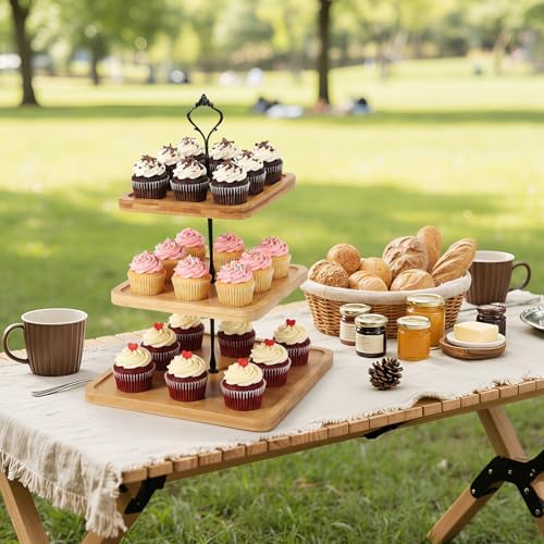 Lallisa 3 Tier Cupcake Stand Wooden Rustic Tiered Serving Tray Square - Image 5