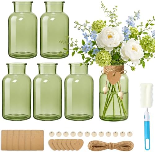 TBWIND Vintage Glass Flower Vase, 6PCS Farmhouse Green Mason Jar Vases by TBWIND