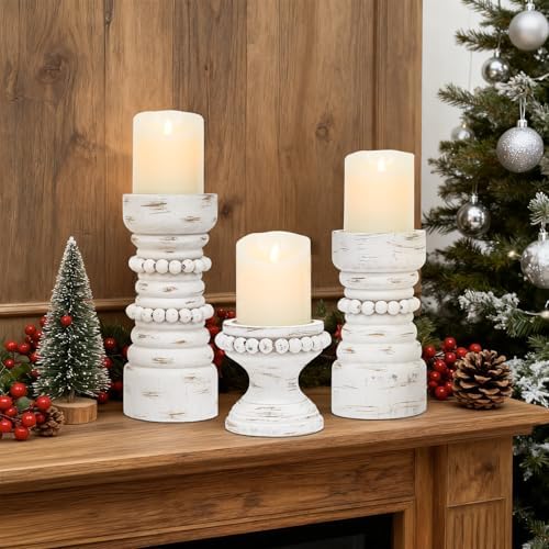 Rustic White Wood Candle Holders Set of 3, Farmhouse Beaded Wood Pillar Candle Holder, Candle Holders for Pillar Candles & Candlesticks, Candle Sticks Holder Decor for Table Centerpiece - Image 3