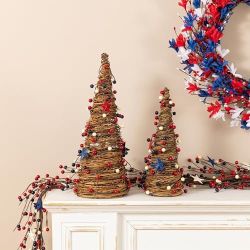 Glitzhome Set of 2 Patriotic Table Tree 4 of July Tabletop Centerpiece Artificial Rattan Stars& Berry Cone Table Tree Decoration for Memorial Day Home Office Table Shelf by Glitzhome