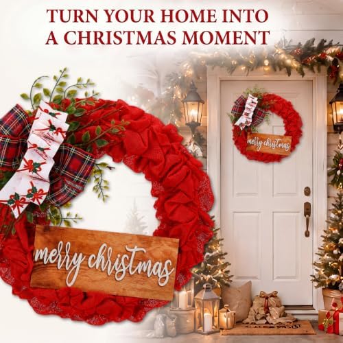 16 Inch Merry Christmas Burlap Wreath for Front Door with Buffalo Bow - Image 4