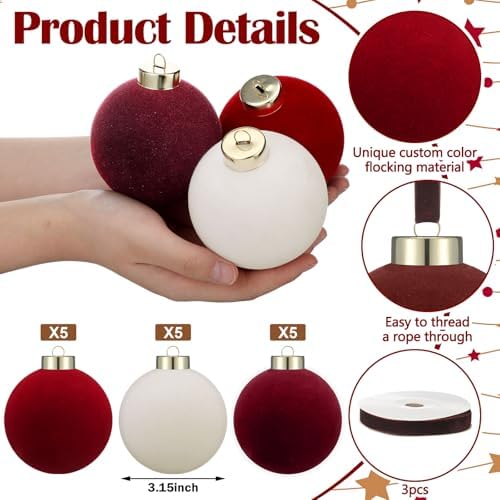 Simgoing 15 Pcs Velvet Christmas Ornaments 3.15'' Burgundy Red White - Image 3