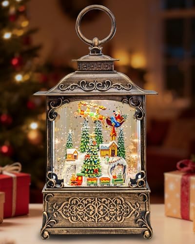 Vintage Christmas Lantern Snow Globe with Santa Sleigh Village Scene, Lighted Musical Holiday Decor with Swirling Glitter Snow, 8 Songs, Timer Function, USB & Battery Powered Tabletop by Kukuzon