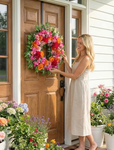 BLOSMON Summer Wreaths for Front Door, 26 Inch, Pink Orange, with Hanger - Image 5