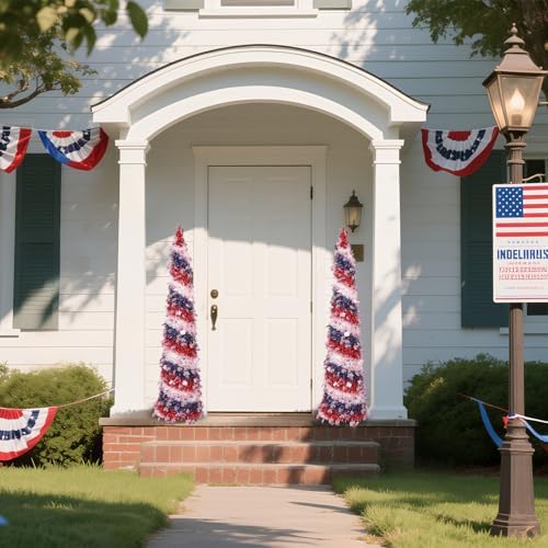 4th of July Decorations, 5FT Patriotic Pop up Pencil Collapsible Artificial Tree, for Independence Day Memorial Indoor Outdoor Home Decor, Red Blue White - Image 7