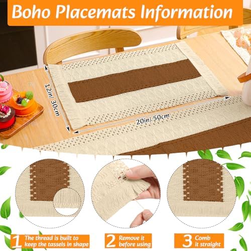 Boho Table Runner and Placemats Set, 6 Sets, Caramel Color, 12x72 - Image 3