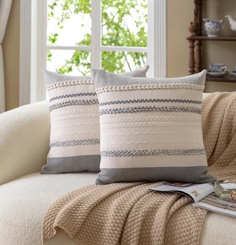 Cethom Boho Throw Pillow Covers 20x20 Inch Set of 2, Grey Textured Decorative Couch Pillow Cases for Farmhouse Home Decor, Accent Cushion Cover for Sofa, Bed, Living Room, Bedroom - Image 2