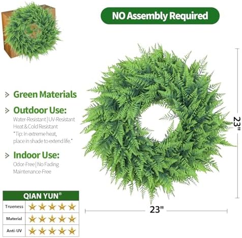 24'' Artificial Fern Wreath for Front Door, Large Greenery Wreath for Outdoor Indoor Wall, Porch, Farmhouse, and Home Décor – Spring Summer All Seasons (1, 24 Inch) - Image 4