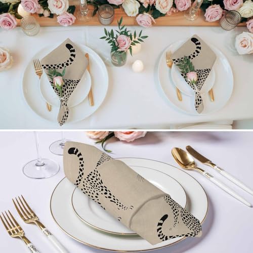 Black Wildlife Pattern Cloth Napkins Set of 8, Holiday Napkins for Baby Shower, Middle Century Leopard Print Beige Washable Reusable Dinner Napkin for Cocktail Wedding Party, 20 x 20 Inch - Image 3