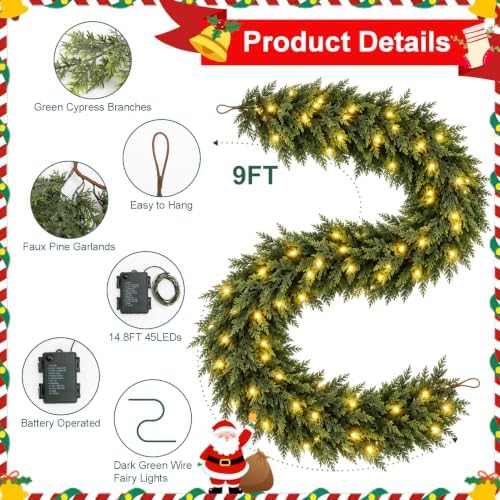 9FT Christmas Cedar Garland with Lights Real Touch Prelit Pine Garland - Image 2