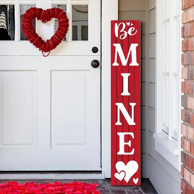 SRongmao Valentine's Day Porch Sign Vertical Be Mine Wooden Front Porch Decor Standing Rustic Valentine's Day Heart Outdoor Indoor Porch Decor for Farmhouse Door Hanging Decoration 8x48inch - Image 2