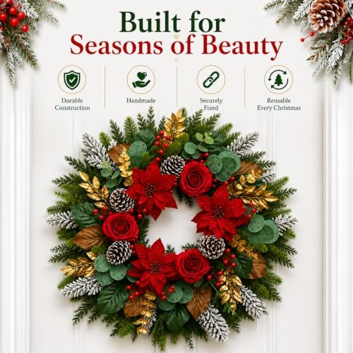 28 Inch Christmas Wreath for Front Door, Red Poinsettia Rose Holiday Wreath - Image 3