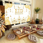 AIBIIN Eid Mubarak Backdrop Banner White Gold Themed Party Decorations for Eid Mubarak Ramadan Party Supplies Banner Photo Booth Prop 94.48 x 70.8 Inch - Image 7