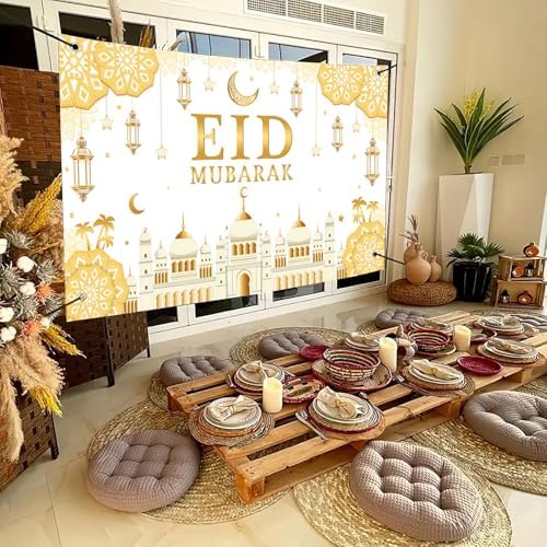 AIBIIN Eid Mubarak Backdrop Banner White Gold Themed Party Decorations for Eid Mubarak Ramadan Party Supplies Banner Photo Booth Prop 94.48 x 70.8 Inch - Image 7