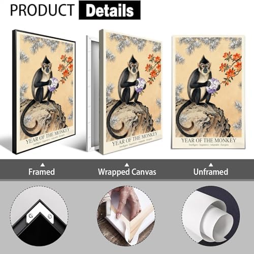 Elegant Chinese Zodiac Wall Art - Lunar Year of the Monkey Poster with Purple Hydrangeas and Orange Rhododendrons for Home Aesthetics and Room Decor 24X36 in Unframed - Image 2