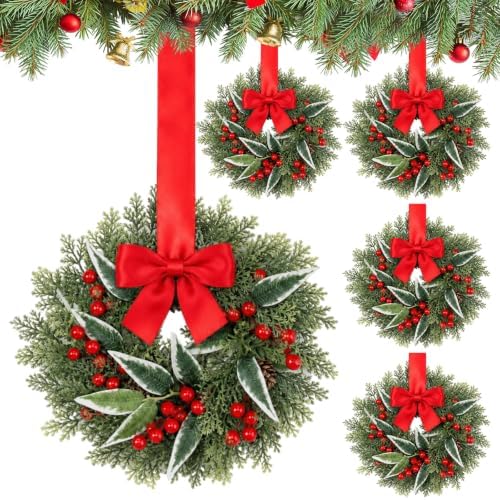 Dingion 4 Pcs 12 Inch Christmas Cabinet Wreaths for Kitchen with Red Bow by Dingion