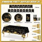 Ramadan Party Supplies Decorations for Home, Eid Ramadan Mubarak Banner Black and Gold Plates and Napkins Set, Disposable Paper Plates Napkins Banner Tablecloth for Ramadan Party Decorations, Serve 25 - Image 2