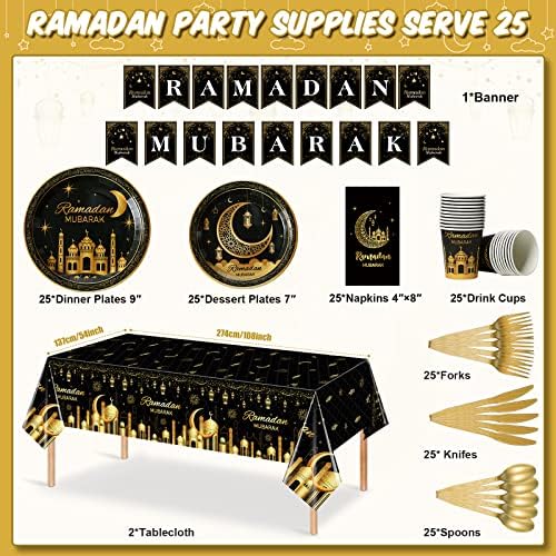 Ramadan Party Supplies Decorations for Home, Eid Ramadan Mubarak Banner Black and Gold Plates and Napkins Set, Disposable Paper Plates Napkins Banner Tablecloth for Ramadan Party Decorations, Serve 25 - Image 2