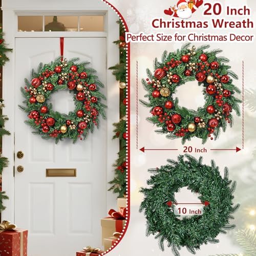 Christmas Wreath with Lights, 20 Inch Christmas Wreaths for Front Door, Large Winter Door Wreath with Ball Ornaments, Berries and Norfolk Pines, Xmas Decor for Indoor Outdoor Wall Windows - Image 6