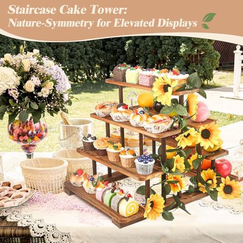 Wisreach 7 Tier Wooden Cupcake Stand & Towers Serving Trays for Party with Vine Decoration — Party Display Serving Ladder with Platter for Cake, Snacks — Perfect for Catering, Events & Centerpieces - Image 2
