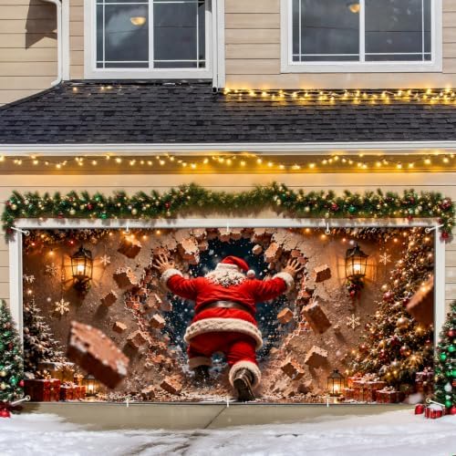 Funny Santa Claus Christmas Garage Door Banner 7x16 FT, Large 2-Car Brick Wall Breaking Through Outdoor Mural Backdrop, Cool Holiday Hanging Peeking Cover Sign Decoration for House Exterior Party - Image 5