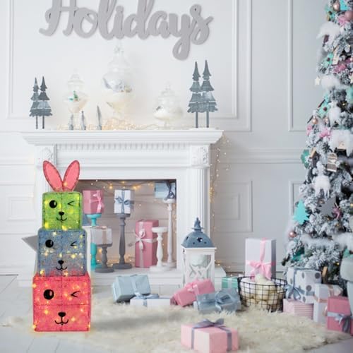Christmas Lighted Gift Boxes Set of 3, Bunny Light Up Pink Blue Green Boxes Holiday Décor for Home Yard, Battery Operated Prelit 80 Lights Present Box Lighted Display 8 Modes & Timer - Image 2