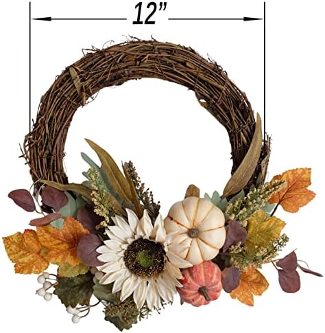 12" Fall Harvest Pumpkin and Sunflower Wreath - Grape Vine Autumn Wreath with Mixed Leaves, Perfect for Front Door, Indoor Outdoor Fall Door Decor, Pumpkin & Sunflower Accents - Ideal for Thanksgiving - Image 2