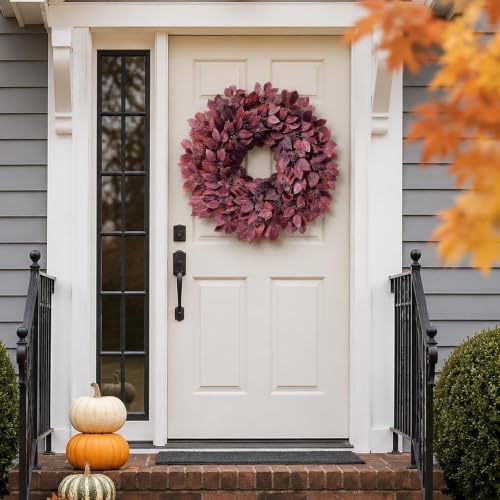 26" Artificial Hibiscus Leaves Fall Wreath for Front Door Decor(Autumn Red) - Image 3