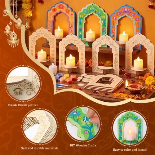 24 Set Diwali Coloring Lotus Candle Holder Kit Wooden Craft for Pooja - Image 3