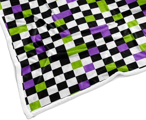 JAWO Halloween Gothic Checkerboard Throw Blanket, Purple Lime Green Black White Plaid Plush Flannel Blanket, Spooky Grid Decor Couch Bed Blanket 60X80 Inches - Image 6