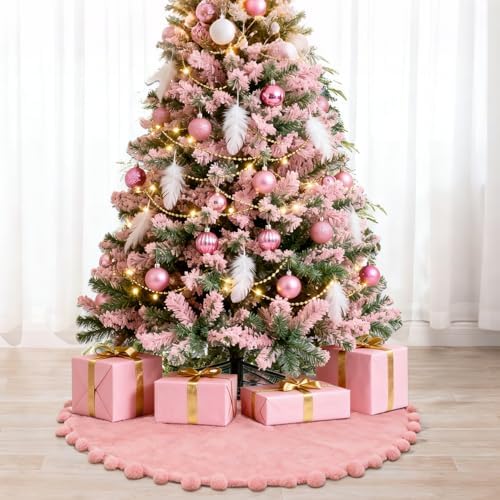 ORTIGIA Pink Faux Fur Soft Christmas Tree Skirt 36 Inch with POM POM - Image 2