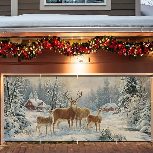 Christmas Garage Door Banner 7x16FT, Winter Reindeer Family Garage Door Cover, Large Outdoor Xmas Decoration for Garage Doors, Garden Fence & Holiday Parties by ANNAQUEEN