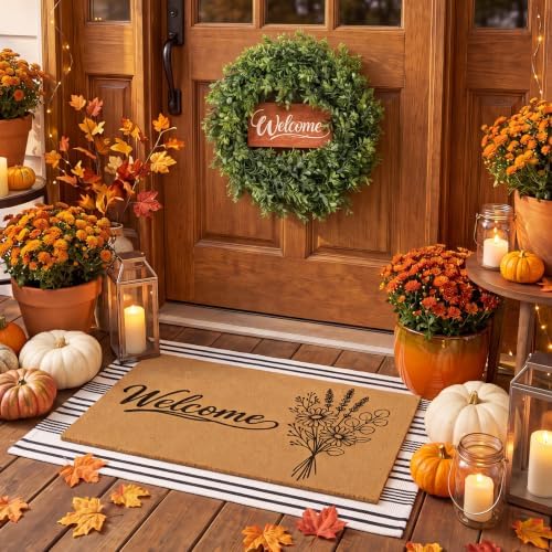 3 Pcs Summer Floral Door Mat and Wreaths for Front Door, 18 Inch Boxwood Wreath with Welcome Sign, Coir Mats Floor Layering Doormats Seasonal for Front Porch Entryway Decor - Image 4