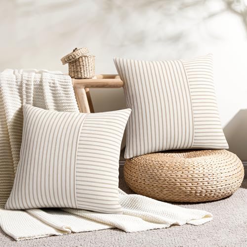 YCOLL Farmhouse Euro Sham Pillow Covers 24x24, Modern Throw Pillow Covers Set of 2, Khaki and Beige Striped Patchwork Linen Decorative Pillows Cushion Covers for Bed Sofa Couch Living Room Home Decor - Image 2