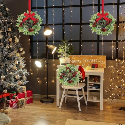 12 Pcs 9 Inch Christmas Artificial Wreaths for Kitchen Cabinet Norfolk Pine Garland with Red Berries Pinecones Wreaths Swags Snowy Pine Candle Rings Holder for Christmas Decorations Table Centerpiece - Image 5